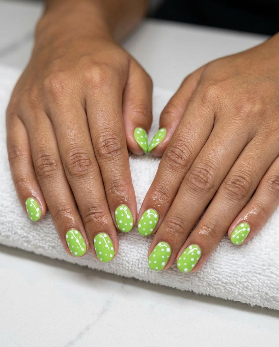 Lime dotty delight nails in vibrant green with white dots for summer colorful nails designs 2026. Playful casual outfit nails.