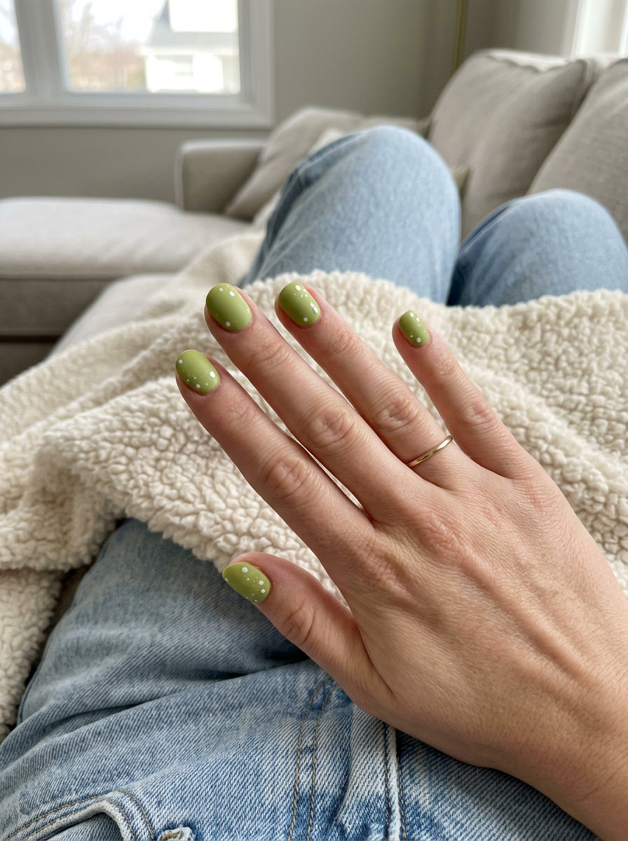 Lime green abstract dotty nails for summer 2026: matte green with glossy white dots. Playful for casual outings.