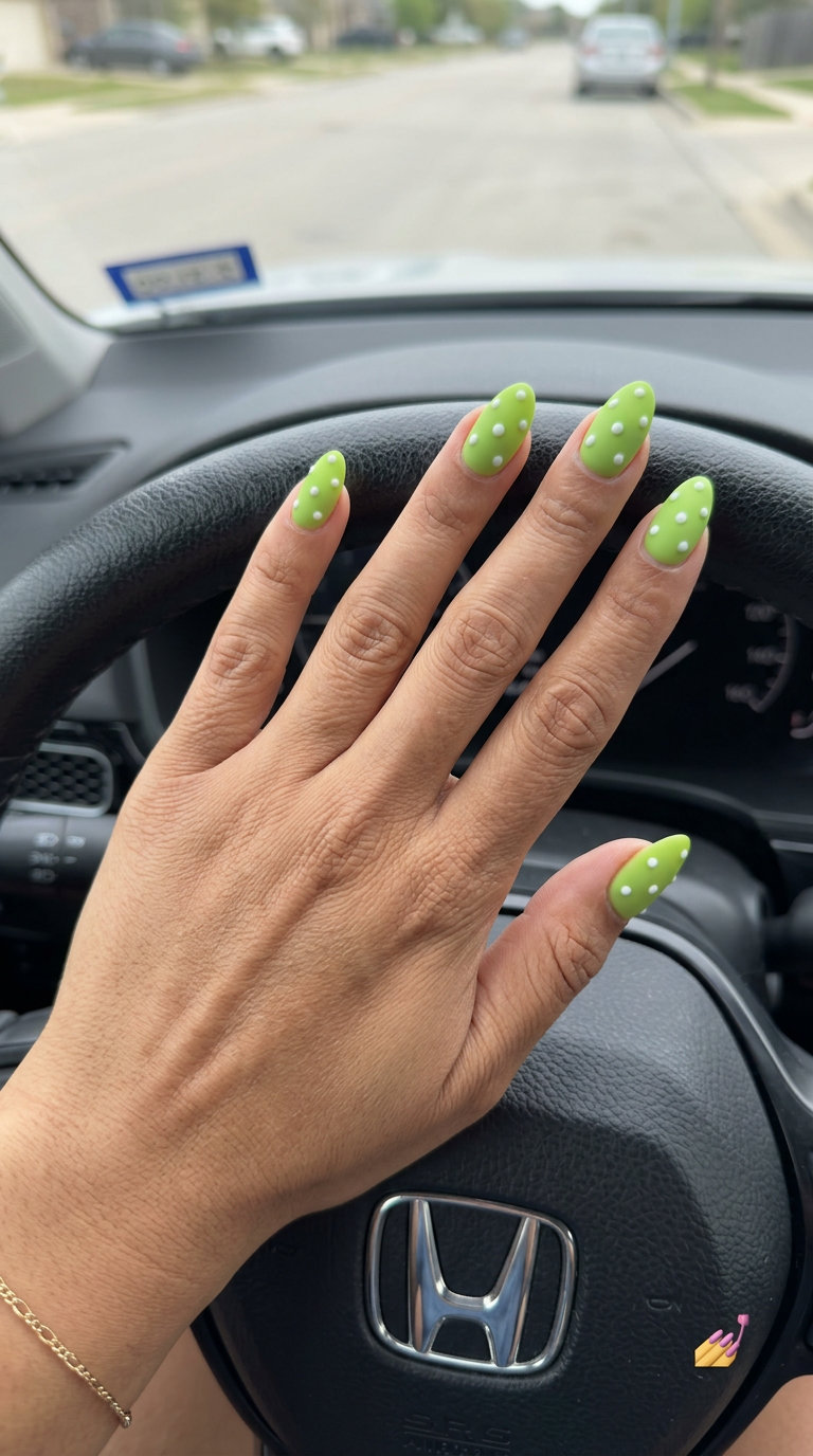 Matte lime green nails with glossy white dots, perfect for summer colorful nails designs 2026. Casual & chic.