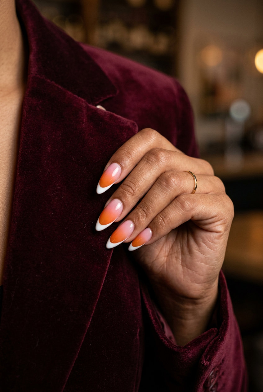 Ombre sunset French nails with pink, orange, and white, perfect for weddings and summer events. Summer colorful nails designs 2026.