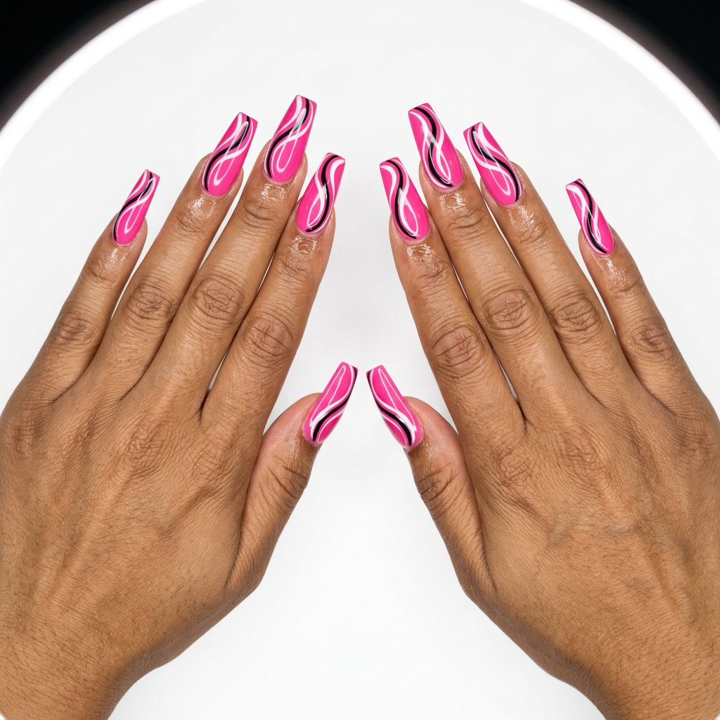 Psychedelic pink swirls almond nails in hot pink, white, and black, great for festivals. Summer colorful nails designs 2026.