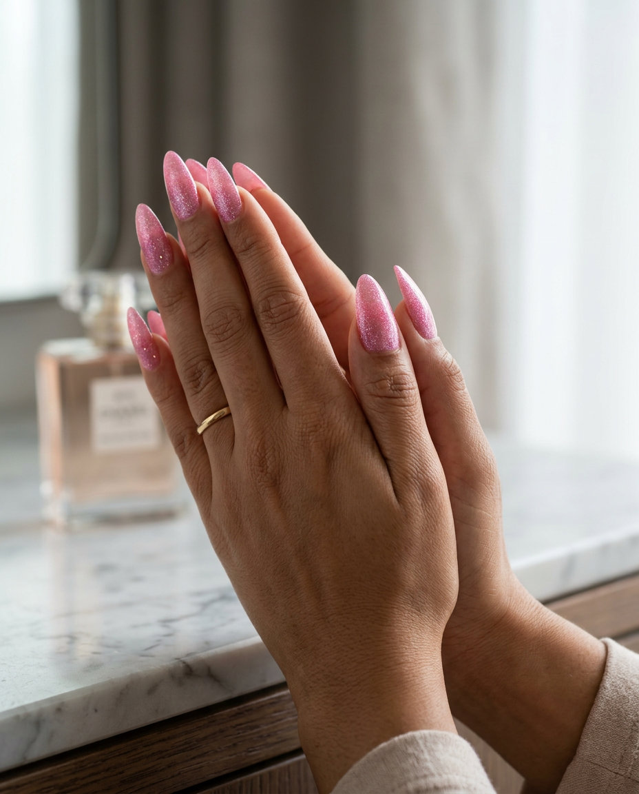 Sunset jelly swirls on almond nails for summer colorful nails designs 2026. Dreamy vacation and summer getaway style.