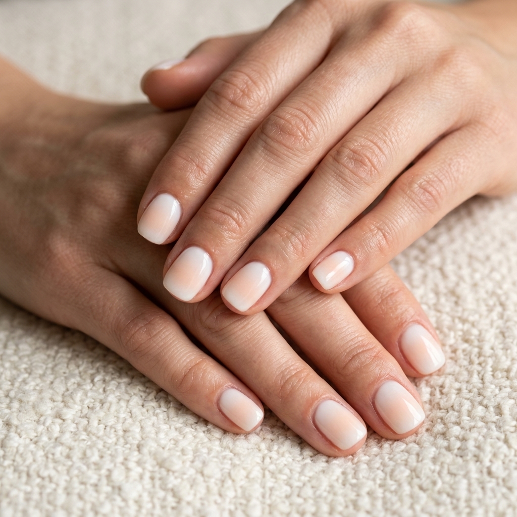 Milky White Aura Dip Nails 2026 Milky white and pale peach aura gradient dip nails for summer 2026. Perfect for work or bridal showers.