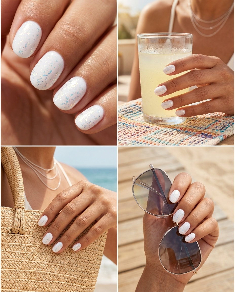 Milky White Foil Flake Dip Nails 2026 Milky white dip nails with iridescent foil flakes for summer dip nails 2026, ideal for casual chic and weekend brunch.