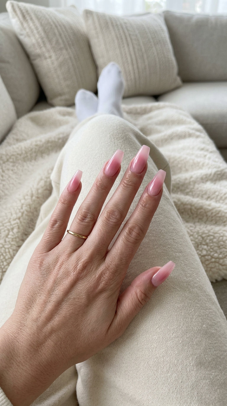 Sheer Pink Aura Dip Nails 2026 Sheer pink aura coffin gradient dip nails for summer 2026. Ethereal wedding guest and bridal nails.