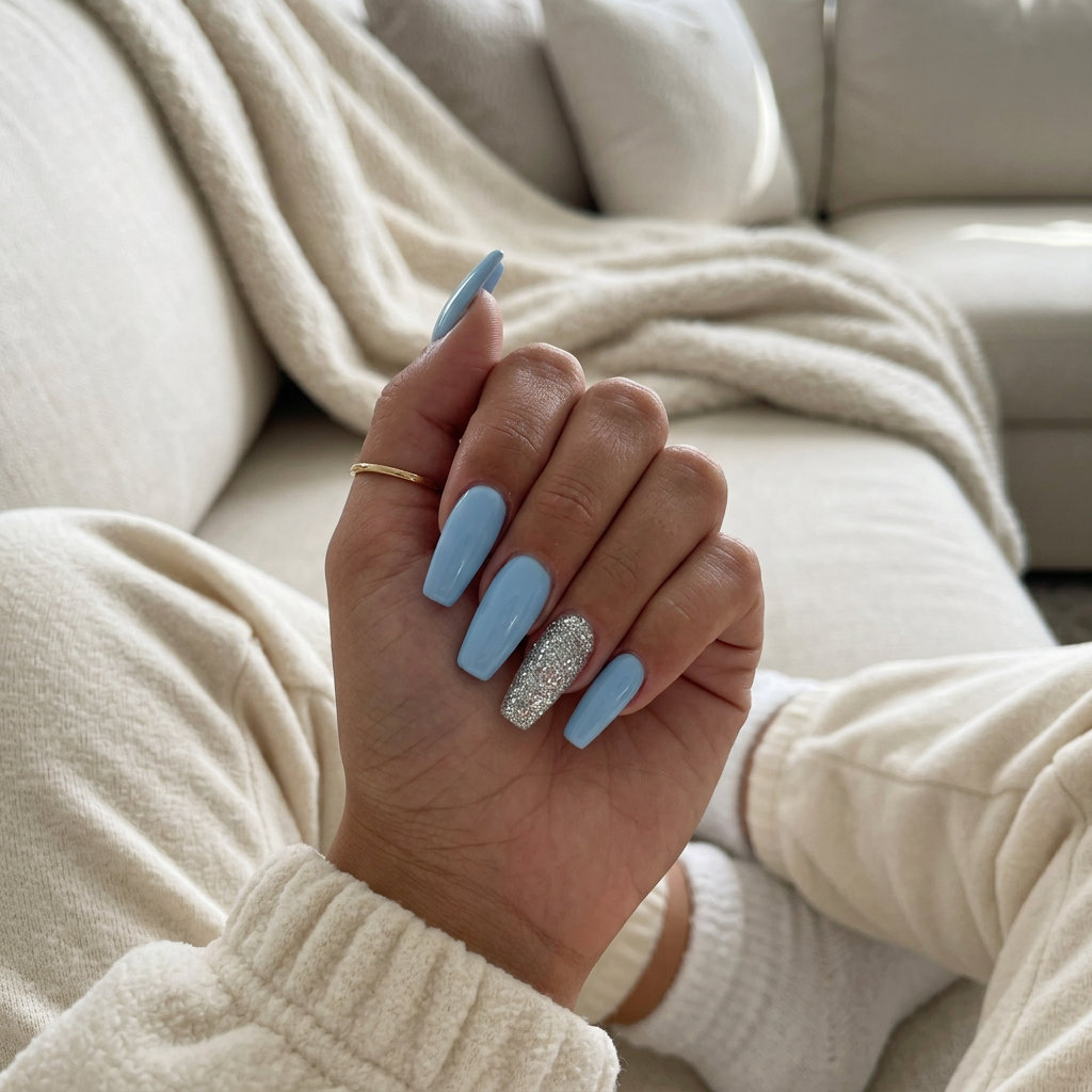 Sky Blue Glitter Dip Nails 2026 Sky blue glitter accent dip nails for summer 2026. Glamorous party and vacation nails.