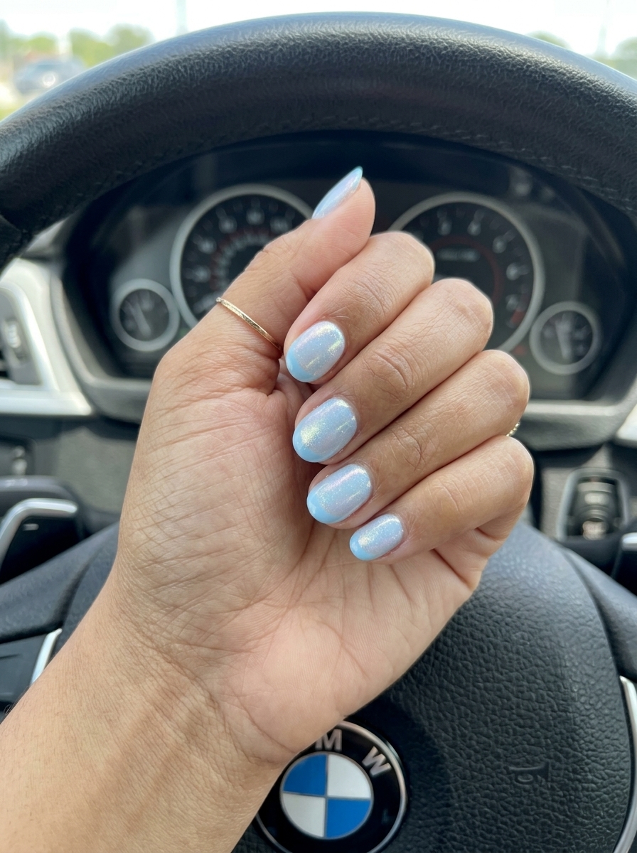 Sky Blue Shimmer French Dip Nails 2026 Sky blue shimmer French dip nails for summer 2026. Sophisticated formal event and wedding nails.