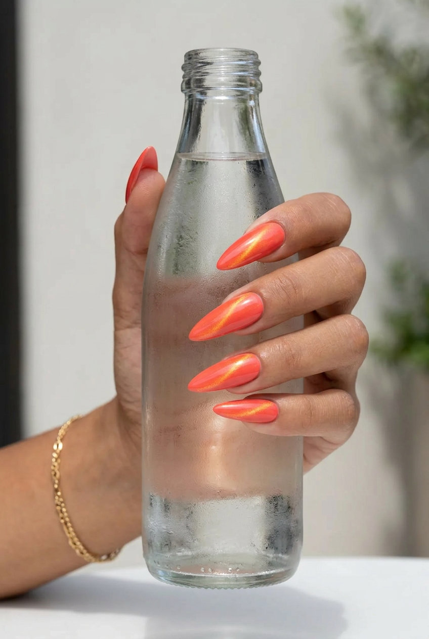 Coral Cat-Eye Stiletto Dip Nails 2026 Coral cat-eye mystery stiletto dip nails for summer 2026, bold for date nights and festivals.