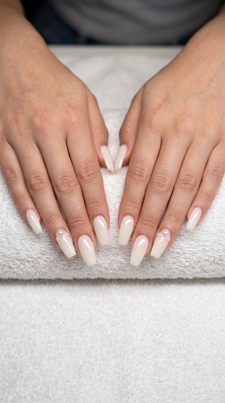 Milky Pearl Charms Dip Nails 2026 Milky pearl charms tapered coffin dip nails for summer 2026, elegant for weddings.