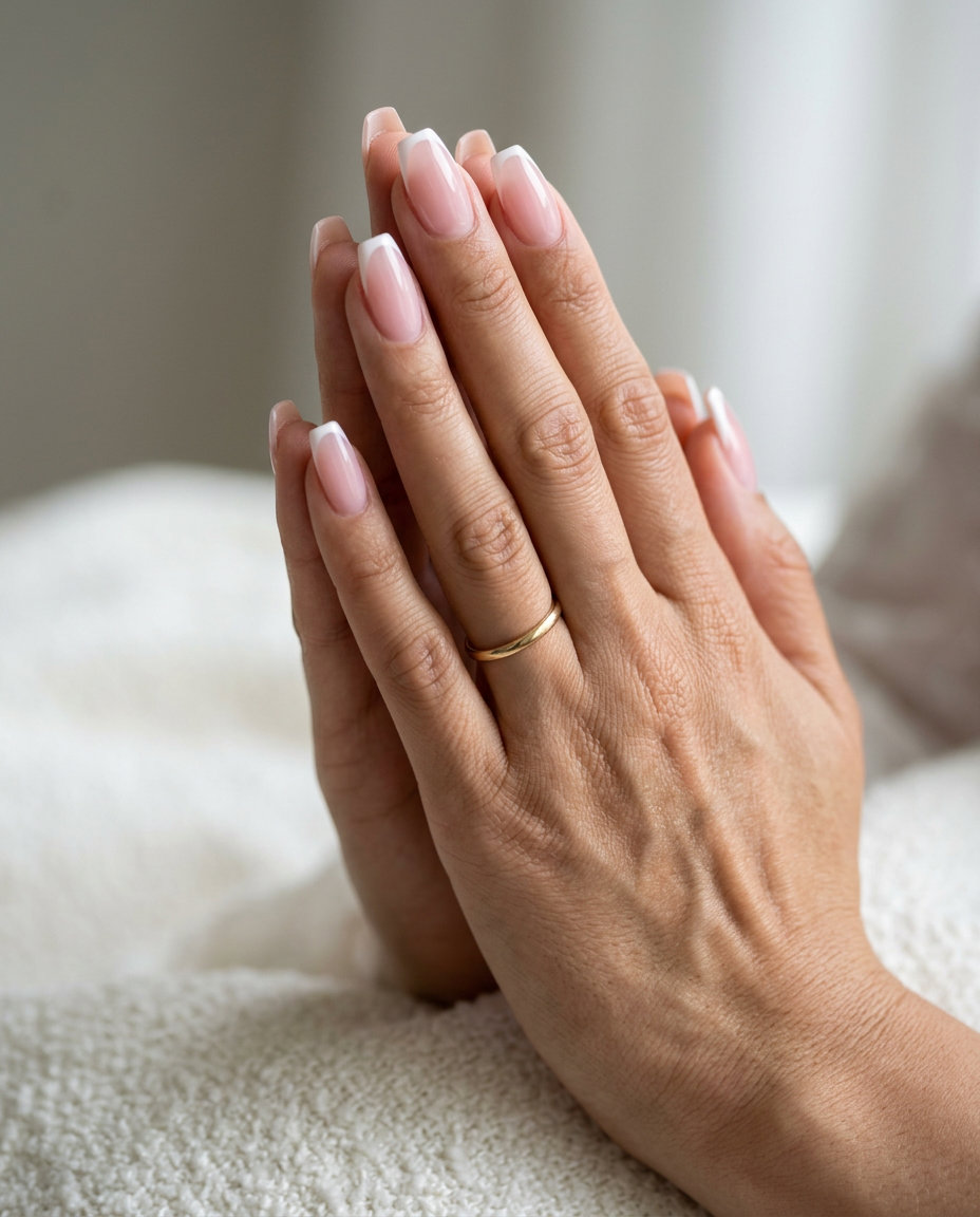 Sheer Pink Micro French Dip Nails 2026 Sheer pink micro French medium coffin dip nails for summer 2026, polished for daily wear.