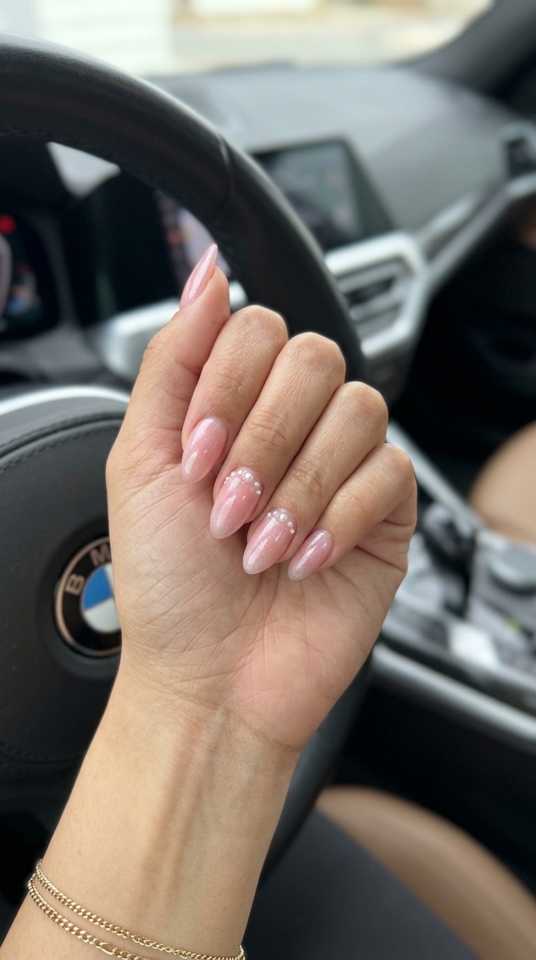 Sheer Pink Pearl Charm Dip Nails 2026 Sheer pink 3D pearl charm dip nails for summer 2026, romantic for weddings and date nights.