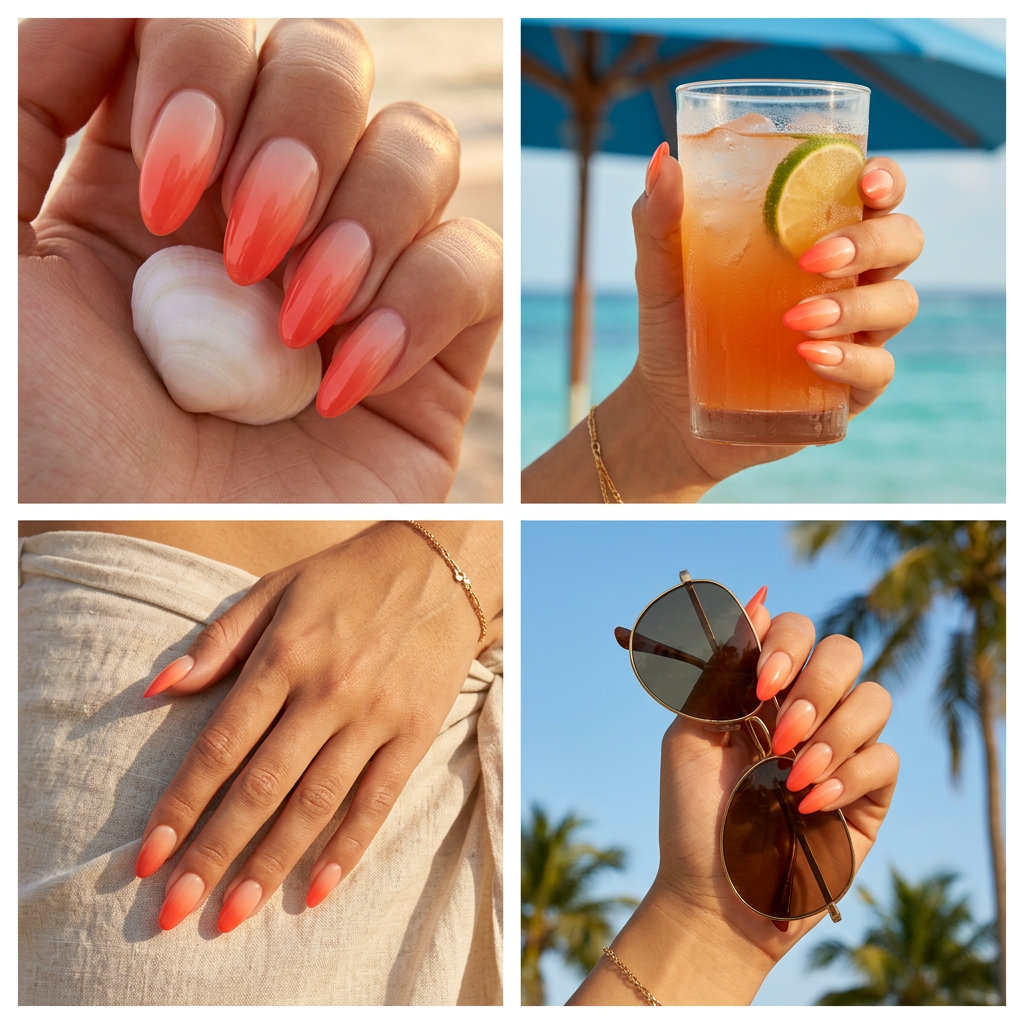 Vivid Coral Ombre Sunset Dip Nails 2026 Vivid coral ombre sunset medium almond dip nails for summer 2026, playful for vacations.