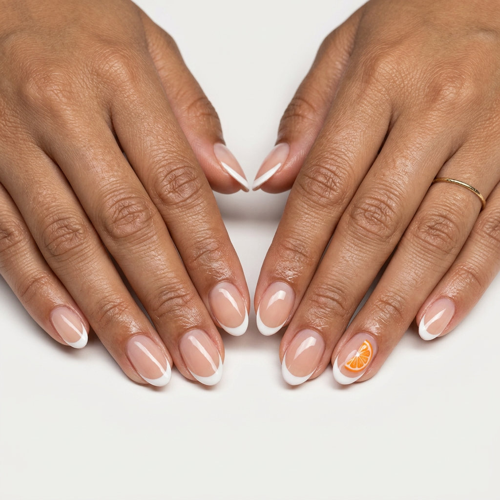Citrus French Flair nails: white French tip with orange slice detail for brunch summer fruits nail art 2026.