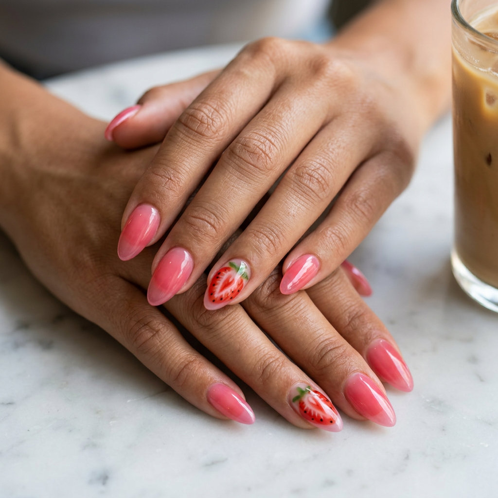 Jelly Strawberry Slice Almonds nails for vacation 2026. Playful, sweet, juicy medium almond nails with hand-painted strawberry details.