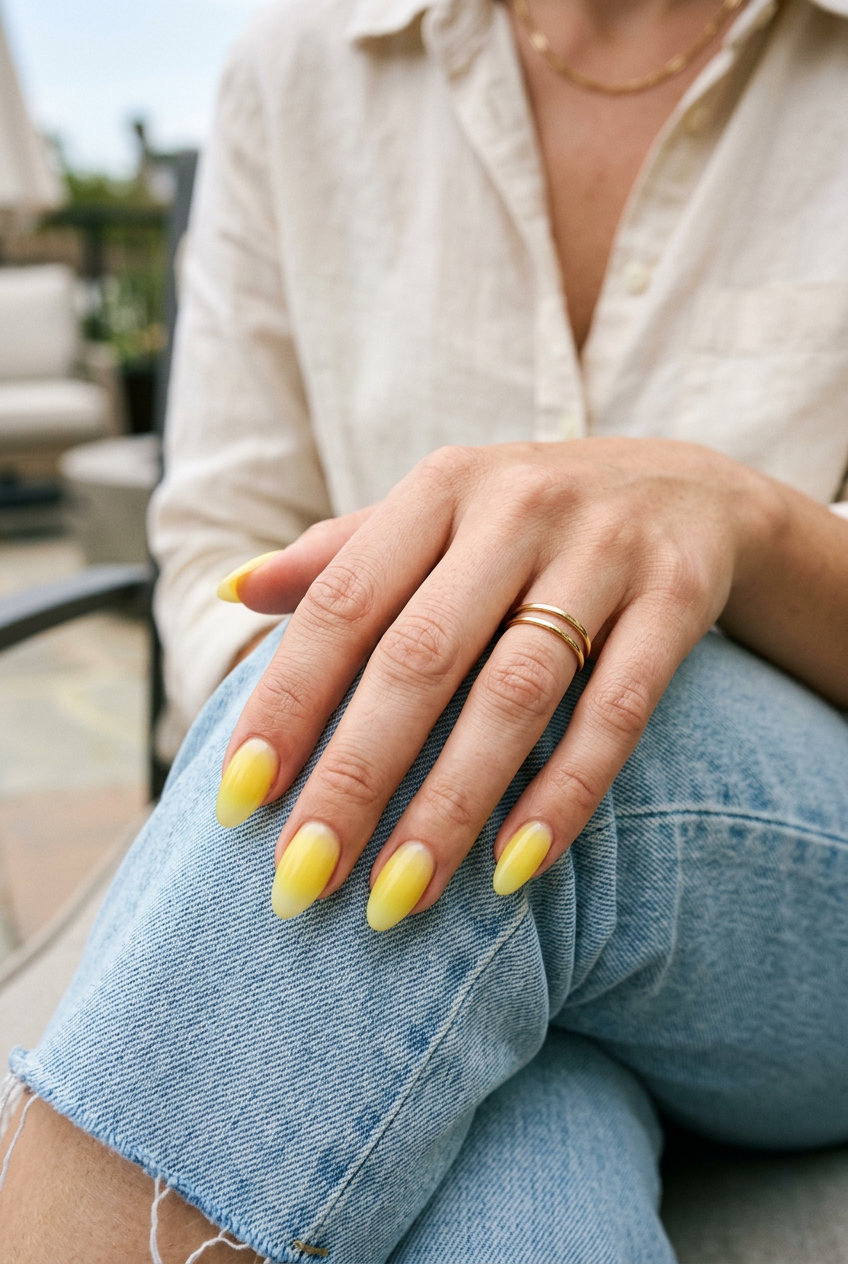 Sunny lemonade yellow aura almond nails for summer fruits nail art 2026. Whimsical festival and casual outing style.