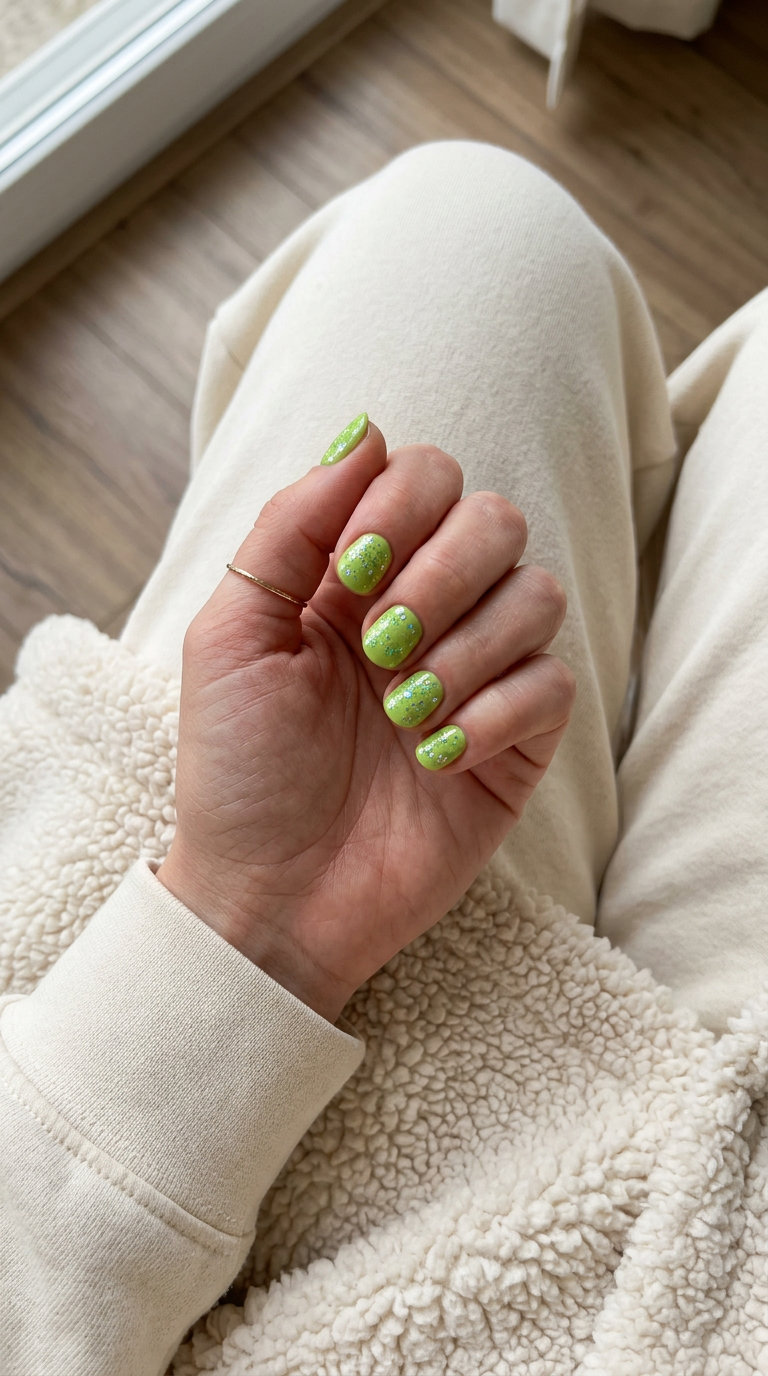 Vibrant lime green sparkle nails with holographic glitter for summer fruits nail art 2026. Playful casual and festival style.