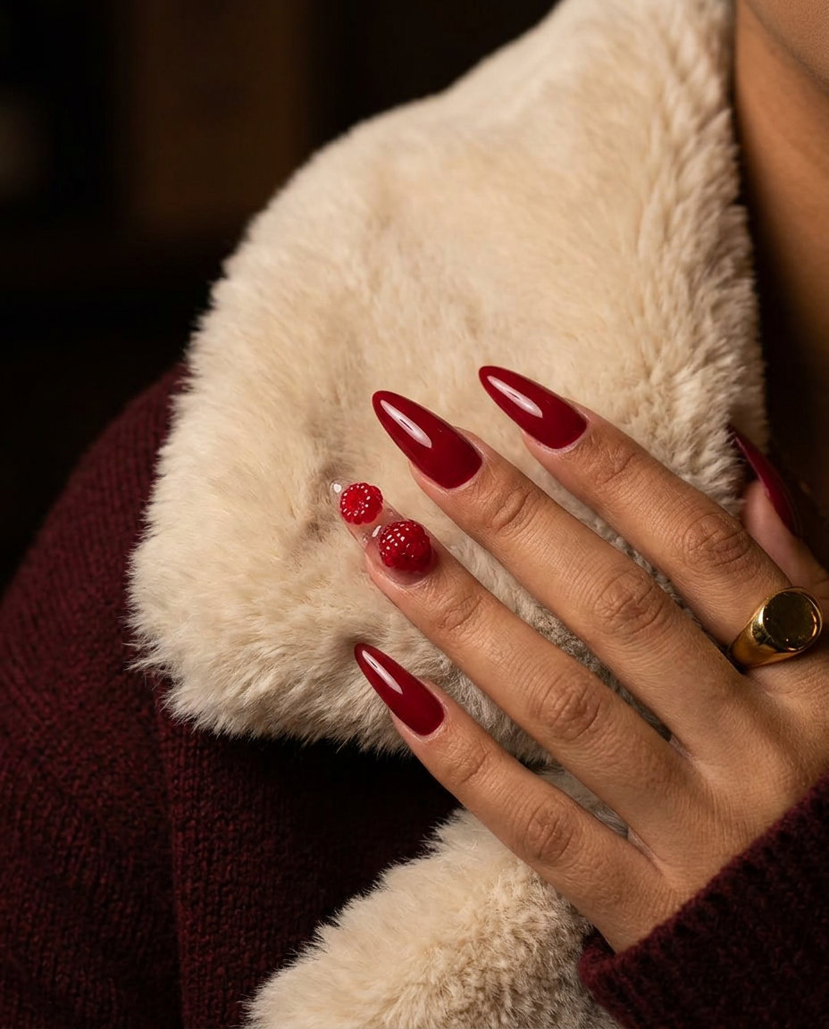 Glamorous 3D raspberry jewel stiletto nails for summer fruits nail art 2026. Statement party and event style.