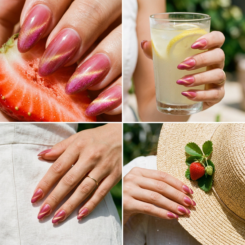 Strawberry Milk Cat-Eye nails: sheer pink jelly with magenta-gold cat-eye effect for date night summer fruits nail art 2026.
