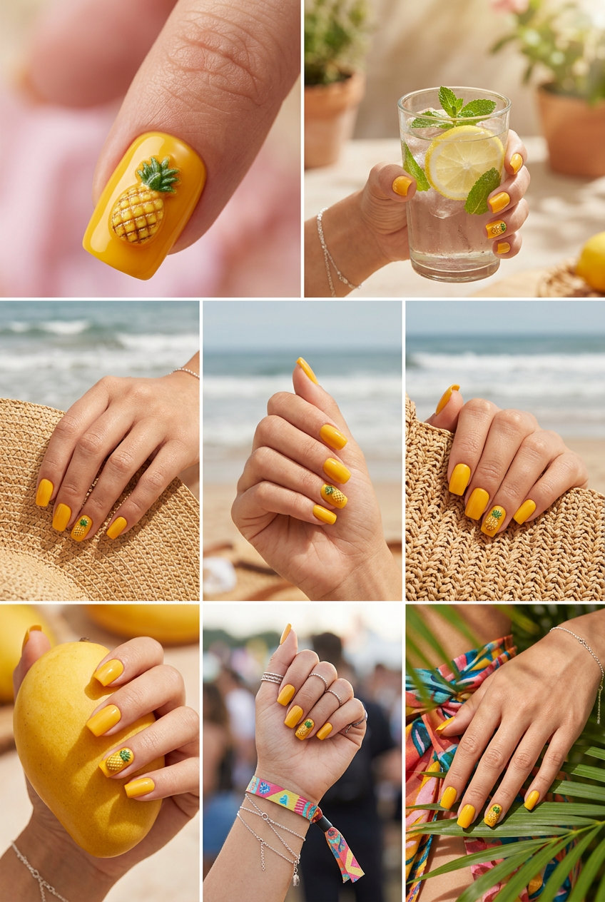Playful 3D tropical pineapple charm nails in golden yellow for summer fruits nail art 2026. Vacation party style.