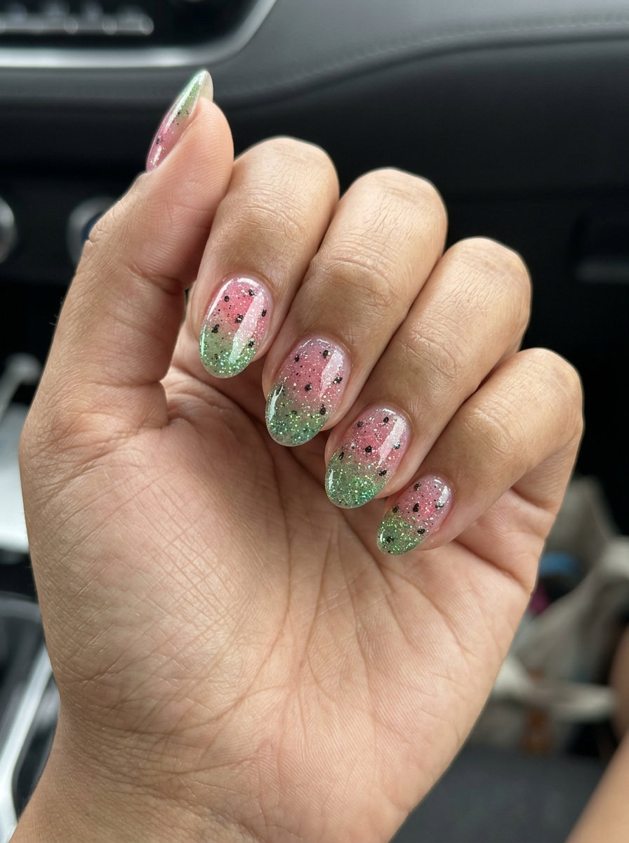 Whimsical watermelon seed gradient nails with black glitter for summer fruits nail art 2026. Fun festival style.