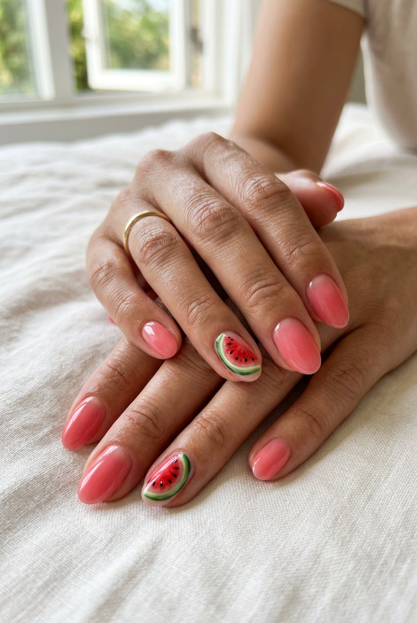 Watermelon Slice Accent nails: sheer pink with juicy red slice detail for vacation summer fruits nail art 2026.
