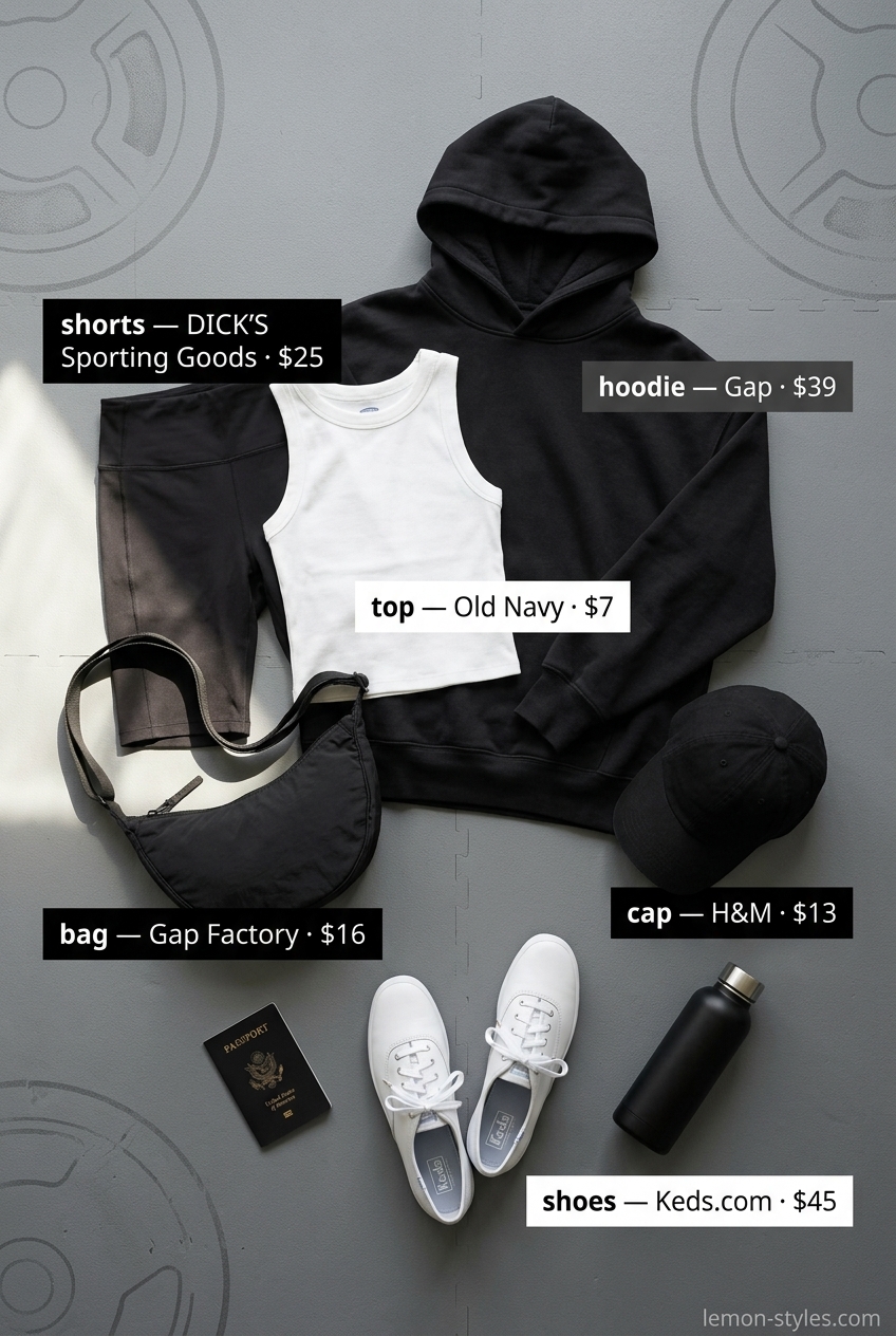 Summer Gym to Brunch Outfits 2026: Athleisure Transition Summer Gym to Brunch Outfits for Women 2026: Grey hoodie, biker shorts, sneakers, crossbody bag.