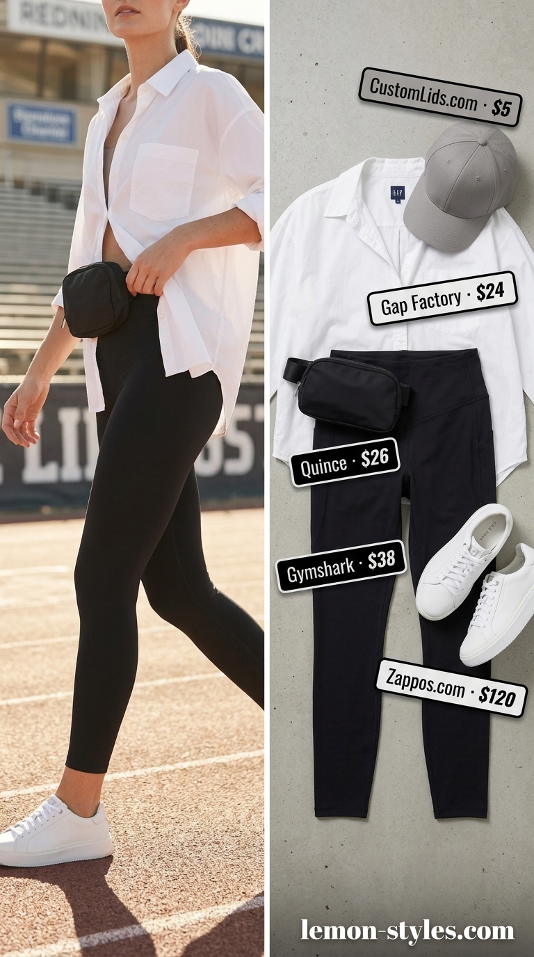 Summer Gym to Brunch Outfits for Women 2026: Black leggings, white shirt, black sports bra, white sneakers, grey cap.