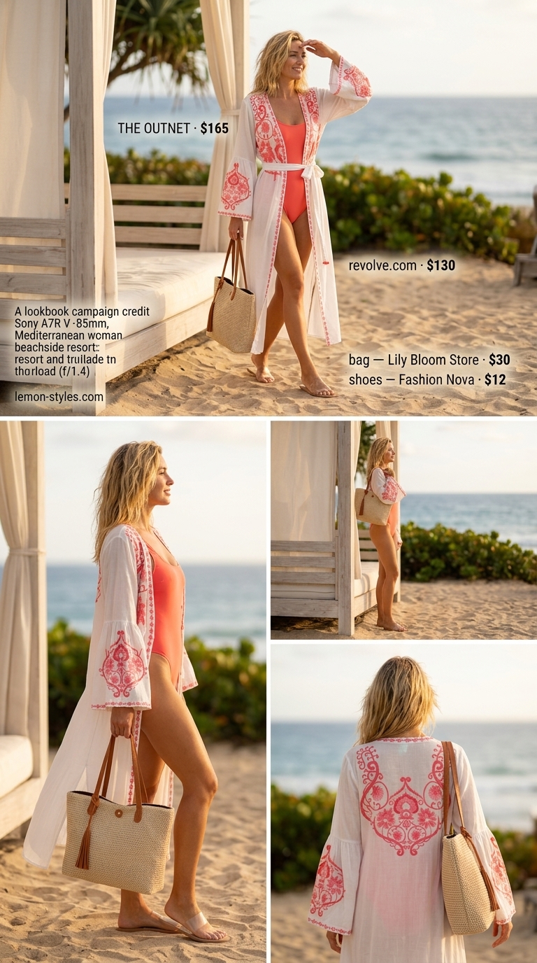 Summer Gym to Brunch Outfits 2026: Beach Resort Wear Summer Gym to Brunch Outfits for Women 2026: White kaftan, coral swimsuit, straw hat, beach tote.