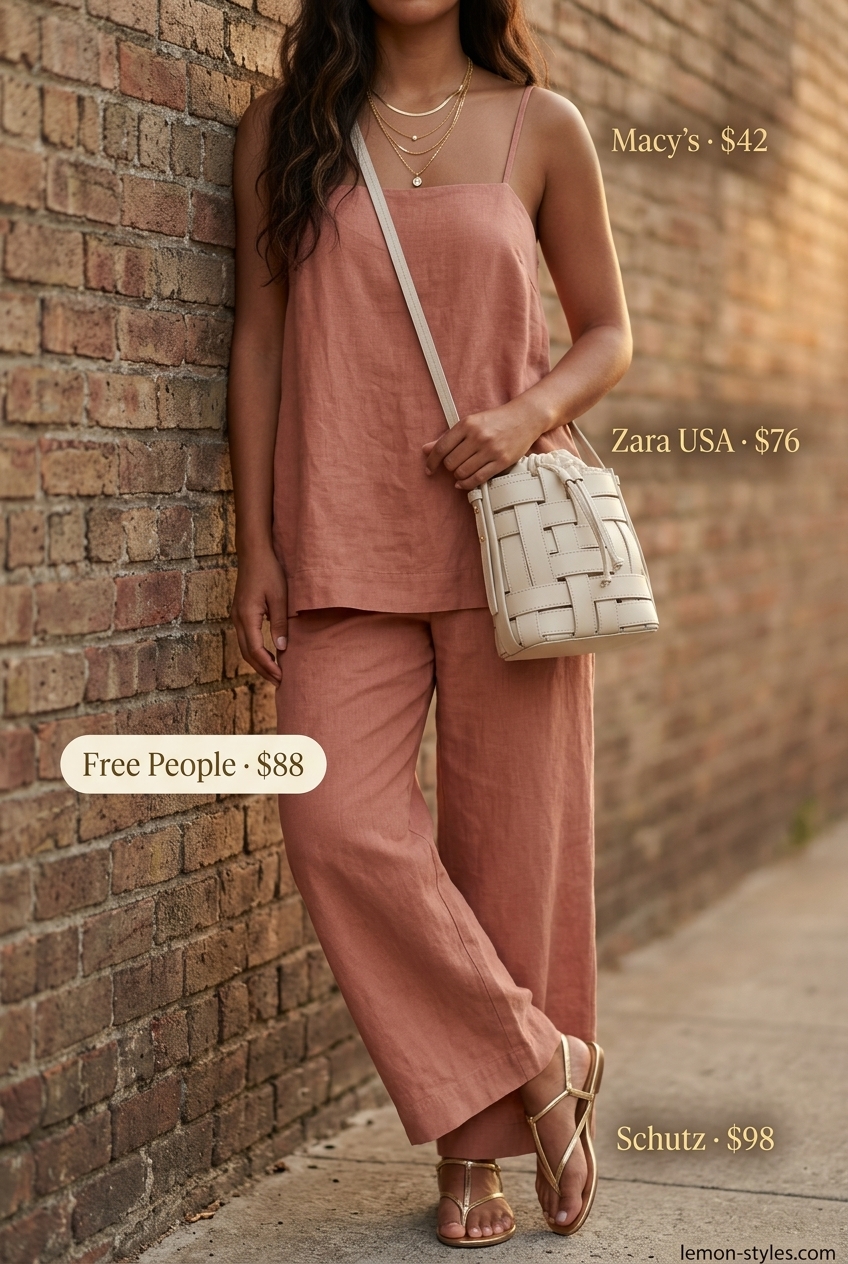 Summer Gym to Brunch Outfits 2026: Blush Pink Linen Set Summer Gym to Brunch Outfits for Women 2026: Blush pink linen set, gold sandals, cream bag for a chic brunch.