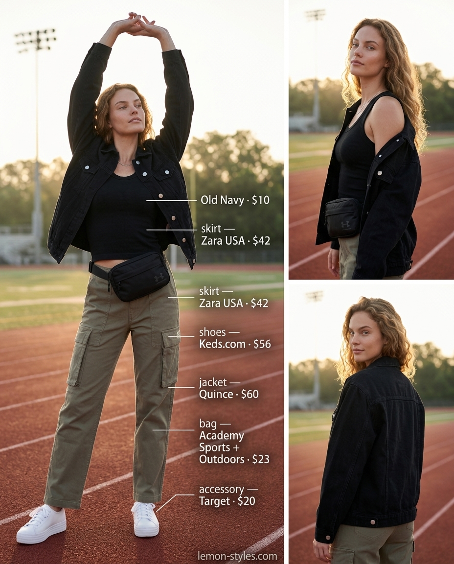 Summer Gym to Brunch Outfits 2026: Urban Explorer Style Summer Gym to Brunch Outfits for Women 2026: Khaki cargo pants, black tank, denim jacket, sneakers.