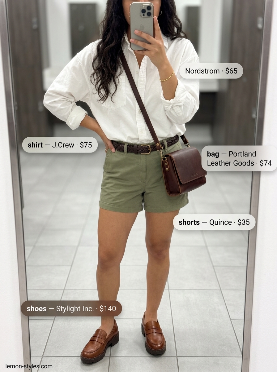 Summer Gym to Brunch Outfits 2026: Chic Brunch Shorts Summer Gym to Brunch Outfits for Women 2026: Olive shorts, white shirt, brown loafers for chic brunch.