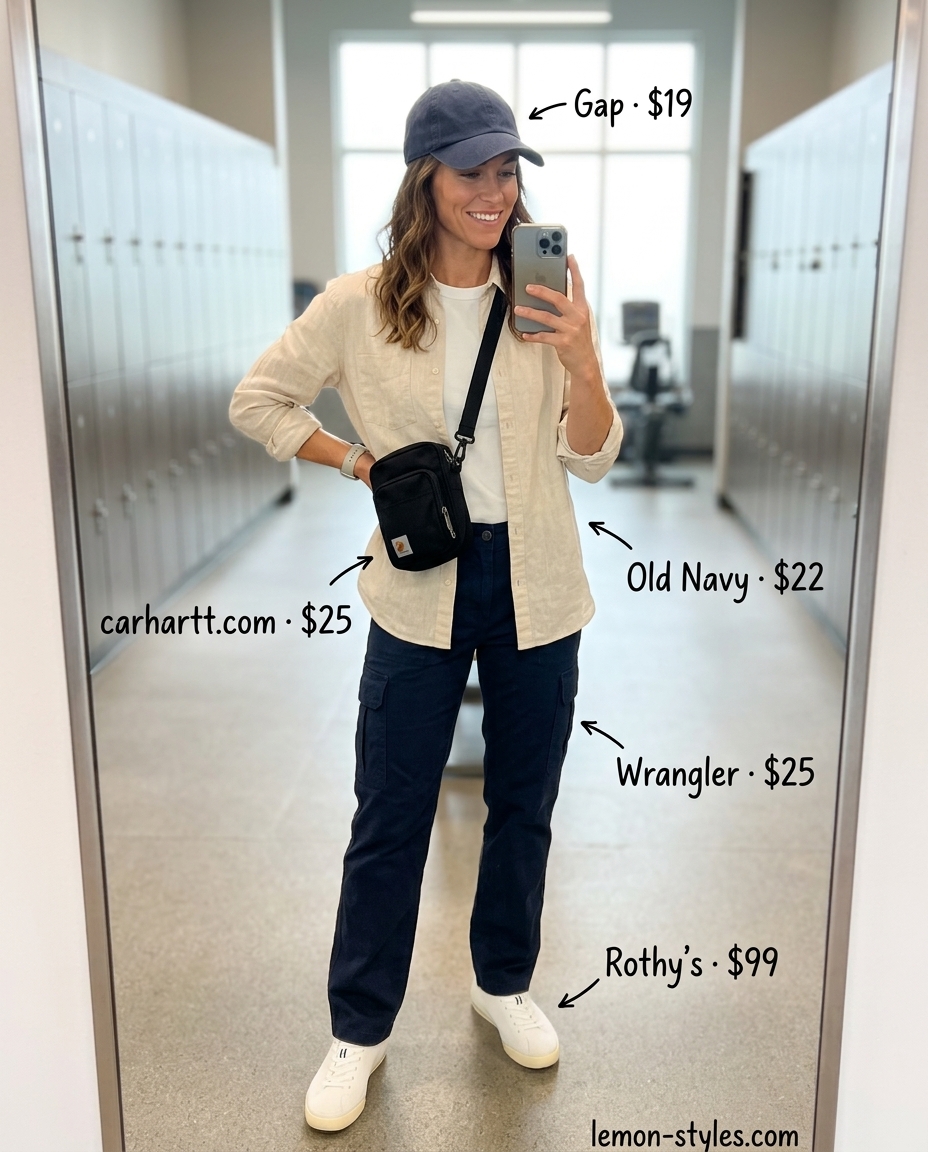 Summer Gym to Brunch Outfits 2026: City Adventure Pants Summer Gym to Brunch Outfits for Women 2026: Navy cargo pants, beige shirt, white sneakers for city adventure.