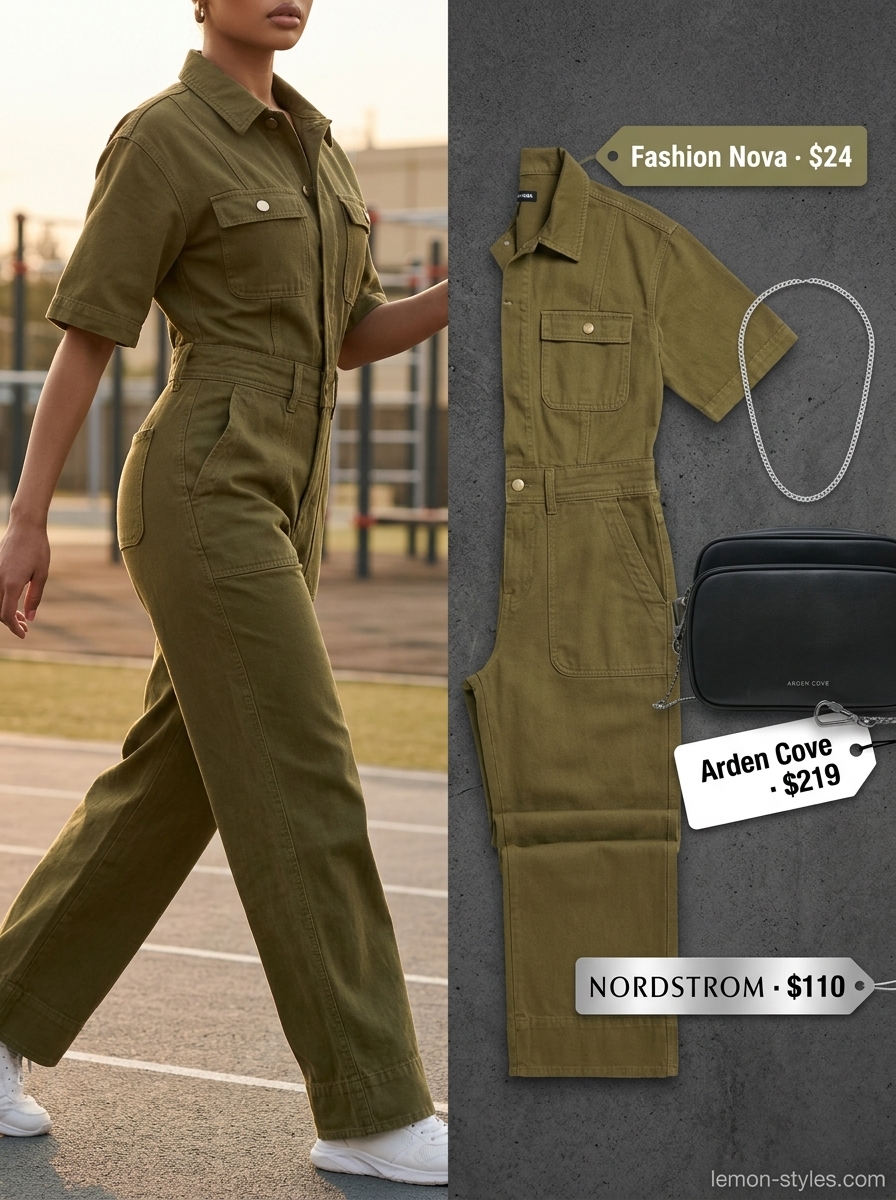 Summer Gym to Brunch Outfits 2026: City Jumpsuit Style Summer Gym to Brunch Outfits for Women 2026: Olive green utility jumpsuit, black sneakers, silver necklace for city exploring.