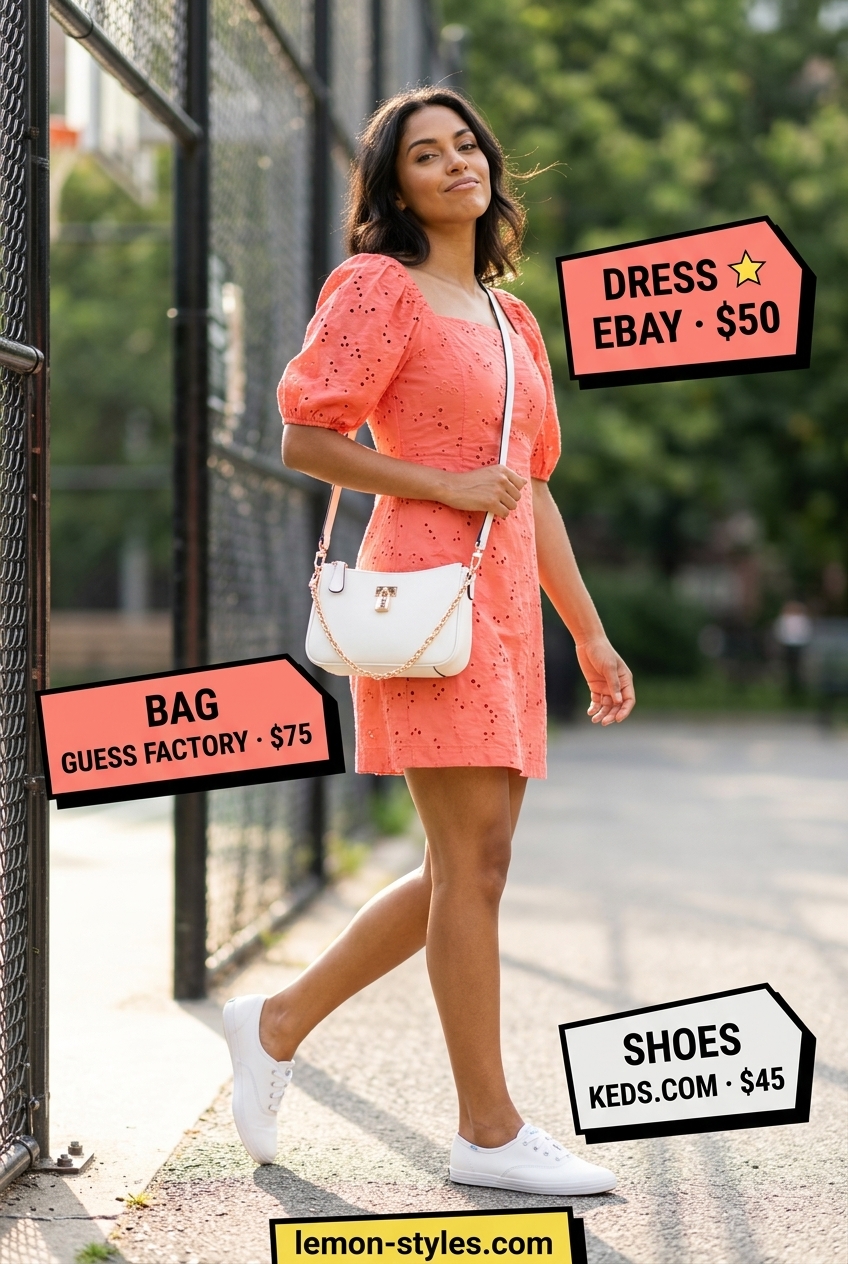 Summer Gym to Brunch Outfits 2026: Coral Mini Dress Summer Gym to Brunch Outfits for Women 2026: Coral mini dress, white sneakers, gold bracelet for a vibrant brunch.