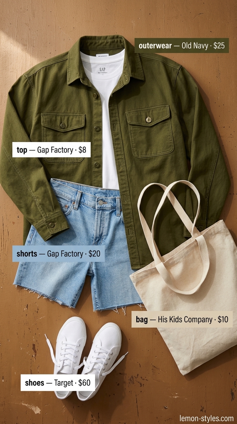 Summer Gym to Brunch Outfits 2026: Casual Weekend Look Summer Gym to Brunch Outfits for Women 2026: Denim shorts, white tee, olive oversized shirt, canvas sneakers.