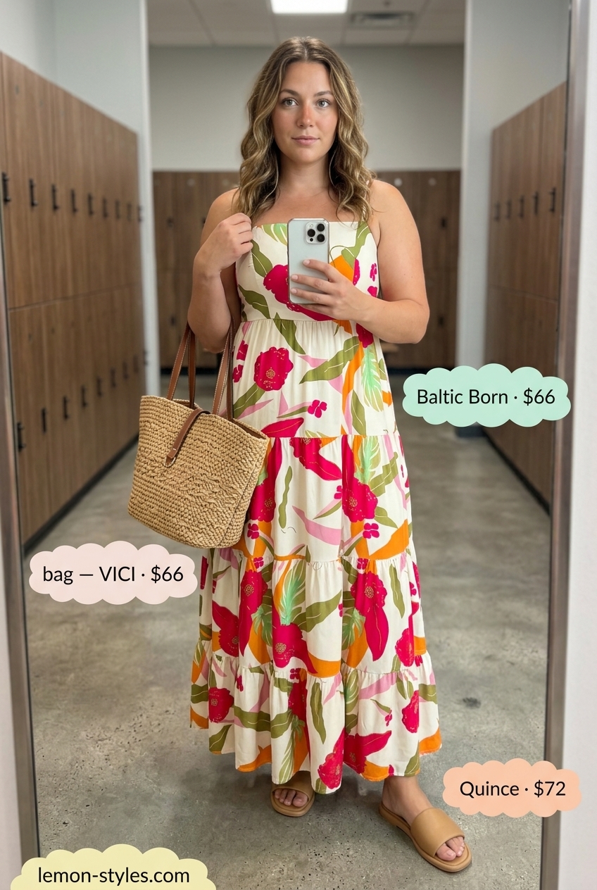 Summer Gym to Brunch Outfits 2026: Garden Party Dress Summer Gym to Brunch Outfits for Women 2026: Multicolor floral maxi dress, straw tote, slide sandals.