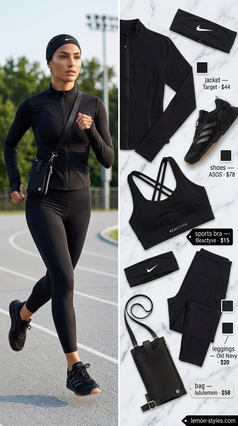 Summer Gym to Brunch Outfits 2026: Gym Workout Gear Summer Gym to Brunch Outfits for Women 2026: Black leggings, sports bra, athletic jacket, training sneakers.