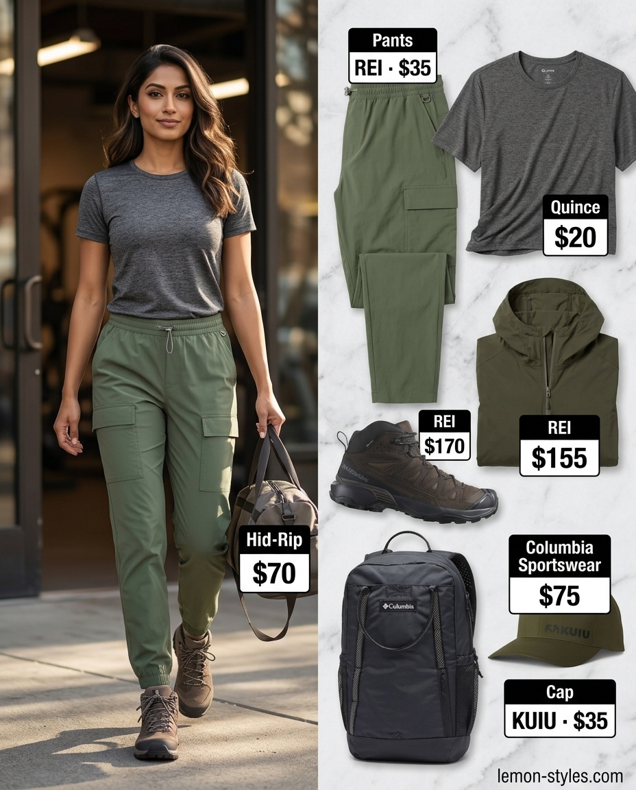 Summer Gym to Brunch Outfits 2026: Hiking Adventure Summer Gym to Brunch Outfits for Women 2026: Olive green hiking pants, charcoal tee, brown boots, and backpack.
