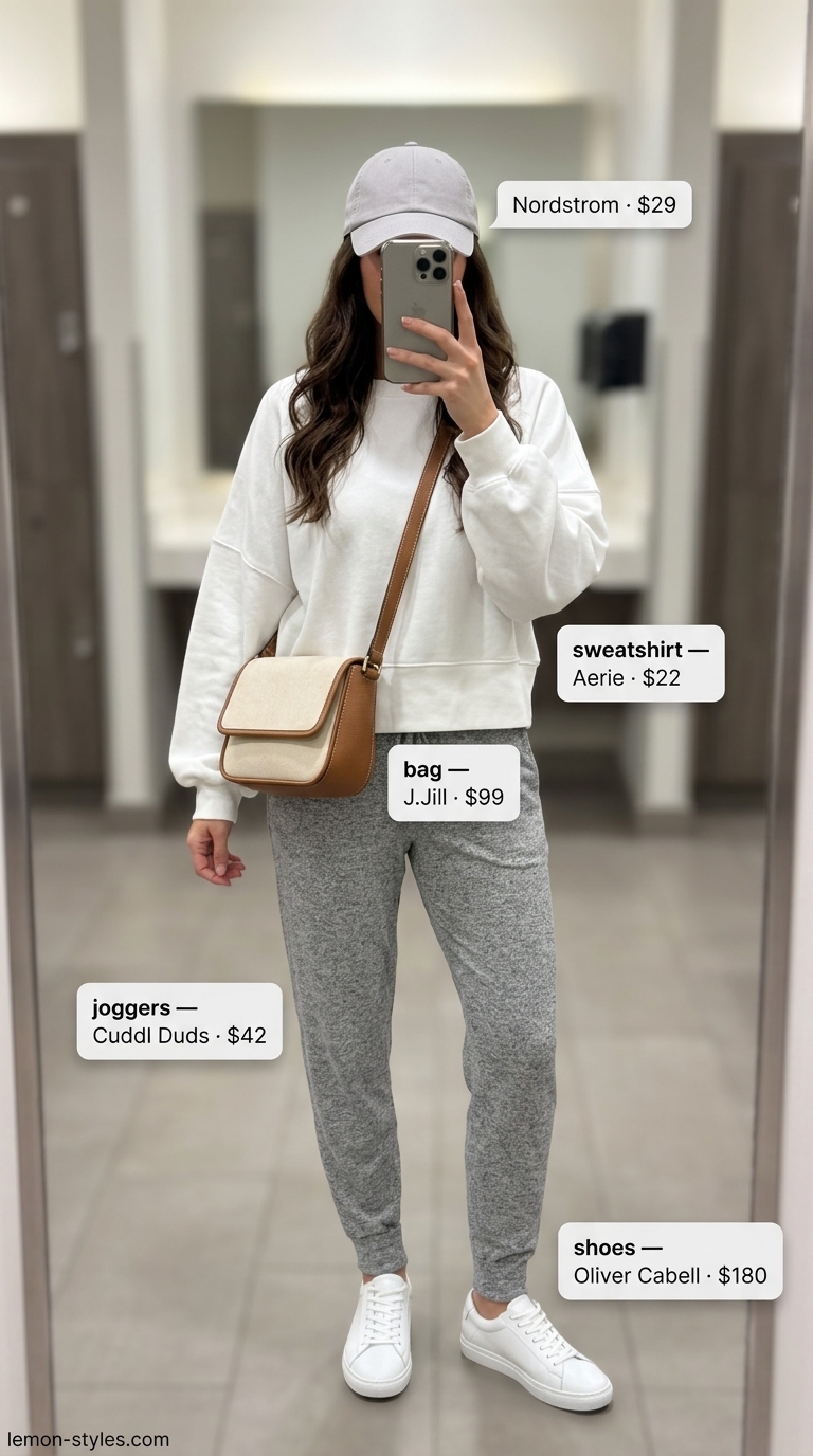 Summer Gym to Brunch Outfits 2026: Casual Jogger Look Summer Gym to Brunch Outfits for Women 2026: Grey joggers, white sweatshirt, white sneakers, tan crossbody bag, and cap.