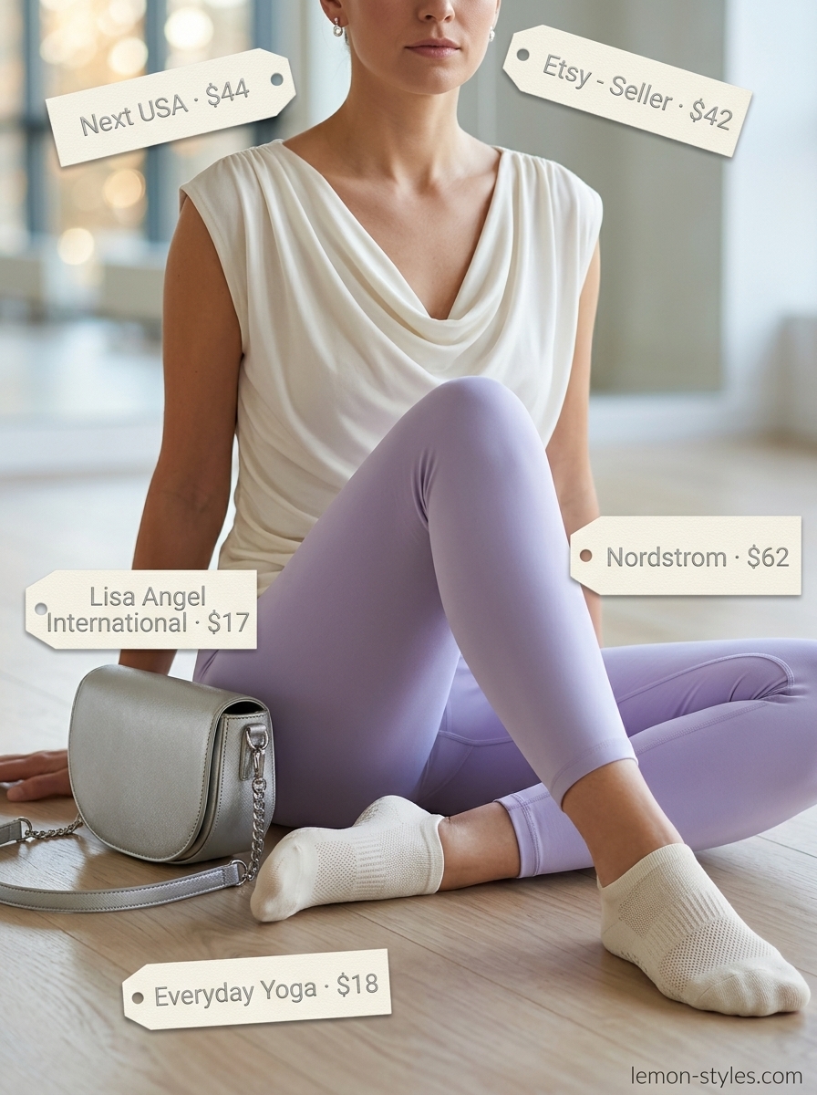 Summer Gym to Brunch Outfits 2026: Lavender Yoga Set Summer Gym to Brunch Outfits for Women 2026: Lavender yoga leggings, cream tank, silver bag for studio.