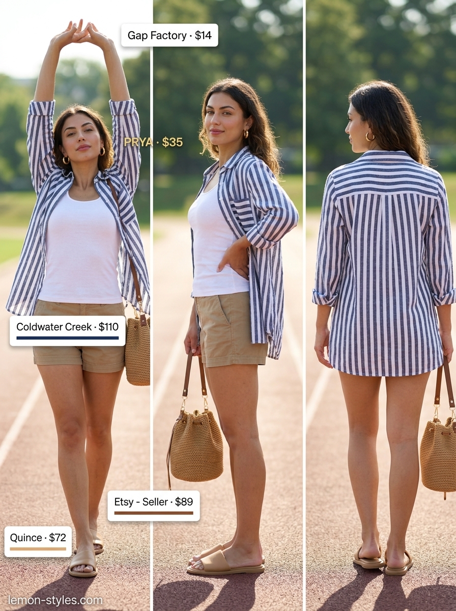 Summer Gym to Brunch Outfits 2026: Linen Co-ord Set Summer Gym to Brunch Outfits for Women 2026: Navy pinstripe set, white tank, raffia bag, gold hoops.