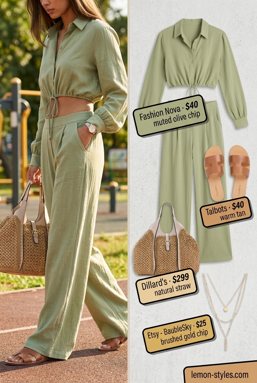Summer Gym to Brunch Outfits 2026: Linen Set Summer Gym to Brunch Outfits for Women 2026: Sage green linen set, tan slides, straw tote, gold necklaces.