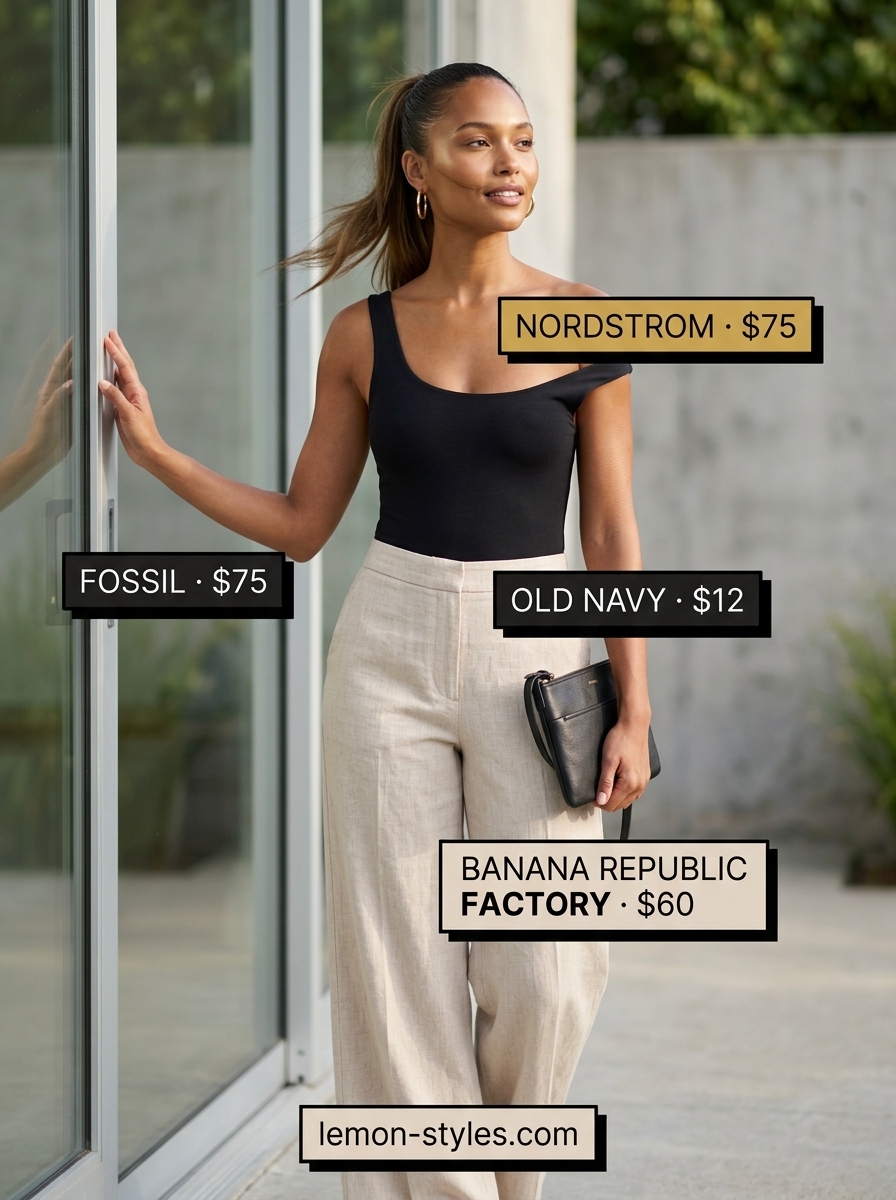 Summer Gym to Brunch Outfits 2026: Linen Trousers Summer Gym to Brunch Outfits for Women 2026: Beige linen trousers, black bodysuit, black loafers, black crossbody bag, gold hoops.
