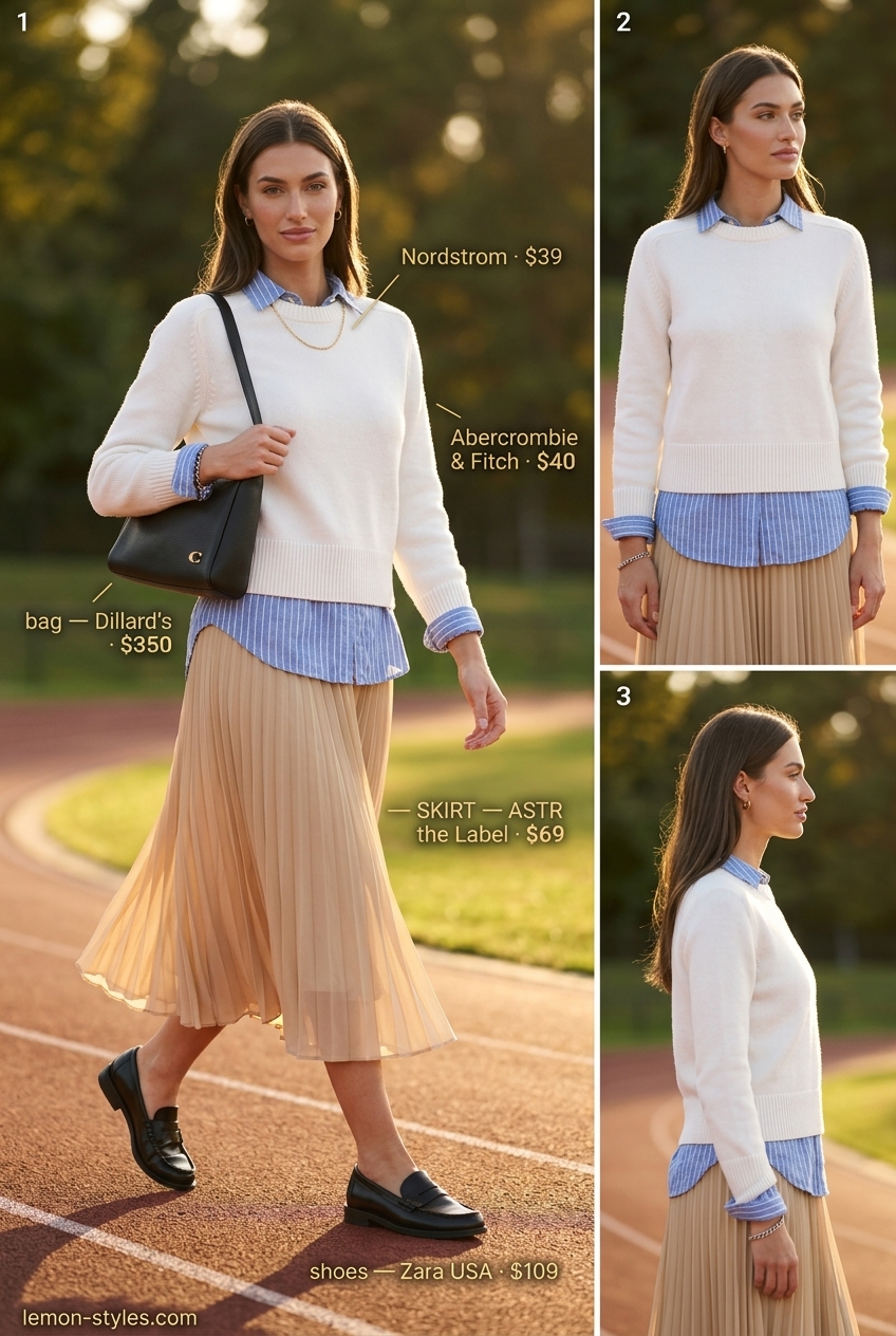 Summer Gym to Brunch Outfits 2026: Chic Brunch Style Summer Gym to Brunch Outfits for Women 2026: Beige pleated skirt, black loafers, knit sweater, shoulder bag.