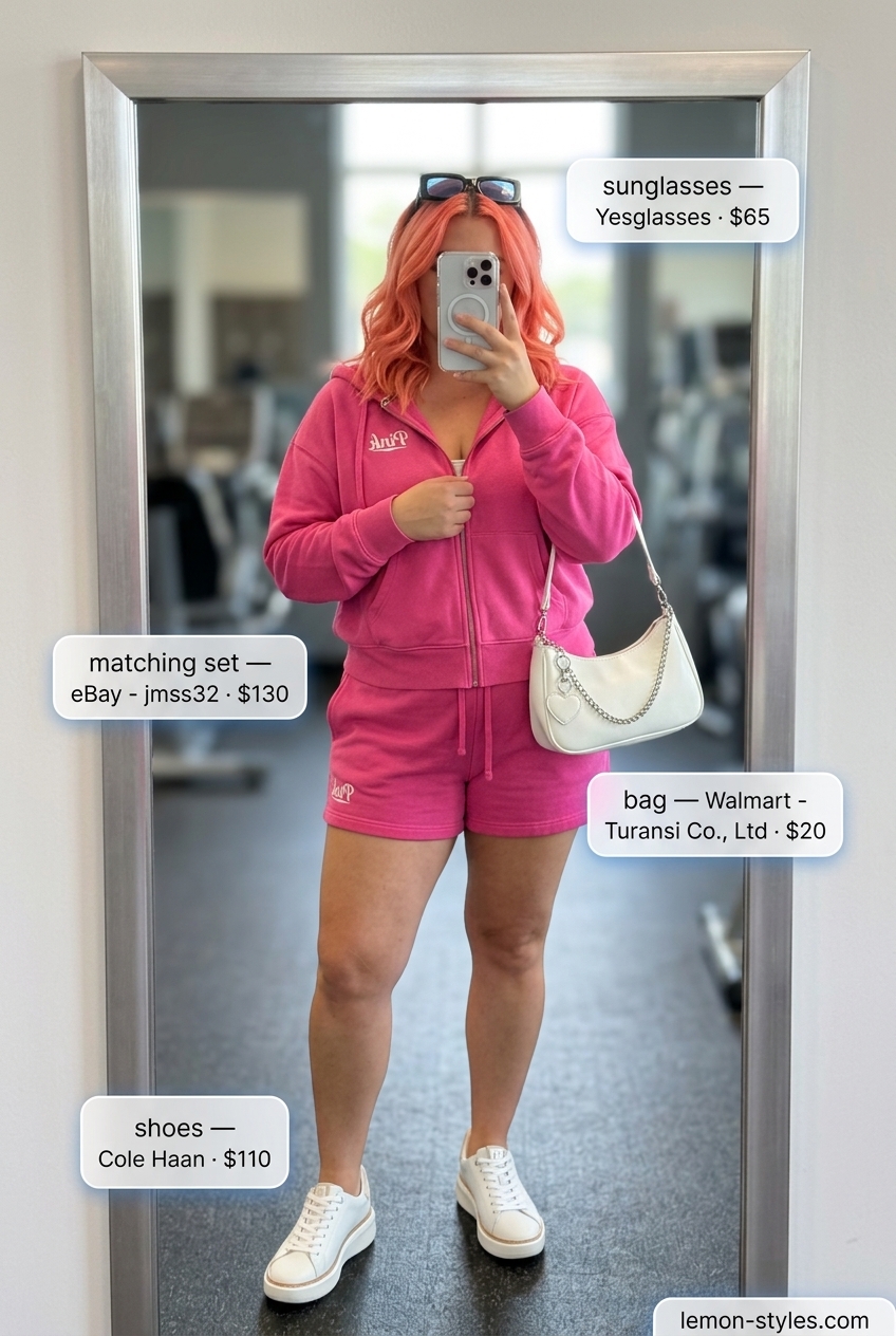Summer Gym to Brunch Outfits 2026: Post-Gym Coffee Set Summer Gym to Brunch Outfits for Women 2026: Coral pink matching set, white sneakers, sunglasses for coffee date.