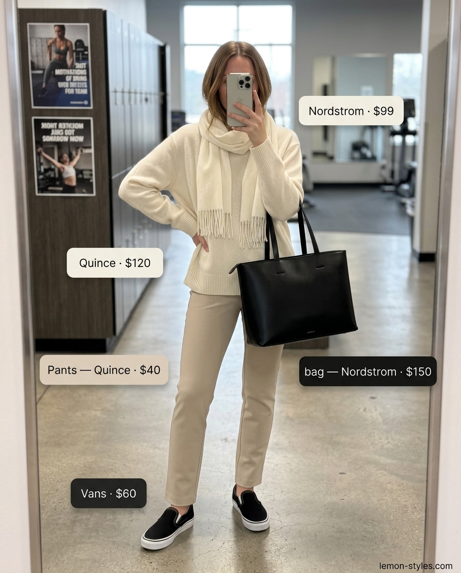 Summer Gym to Brunch Outfits 2026: Travel Comfort Set Summer Gym to Brunch Outfits for Women 2026: Cream knit sweater, beige pants, black sneakers for comfortable travel.