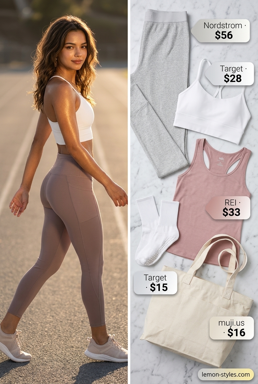 Summer Gym to Brunch Outfits 2026: Yoga Class Style Summer Gym to Brunch Outfits for Women 2026: Light grey leggings, soft pink tank, white sports bra, studio socks.