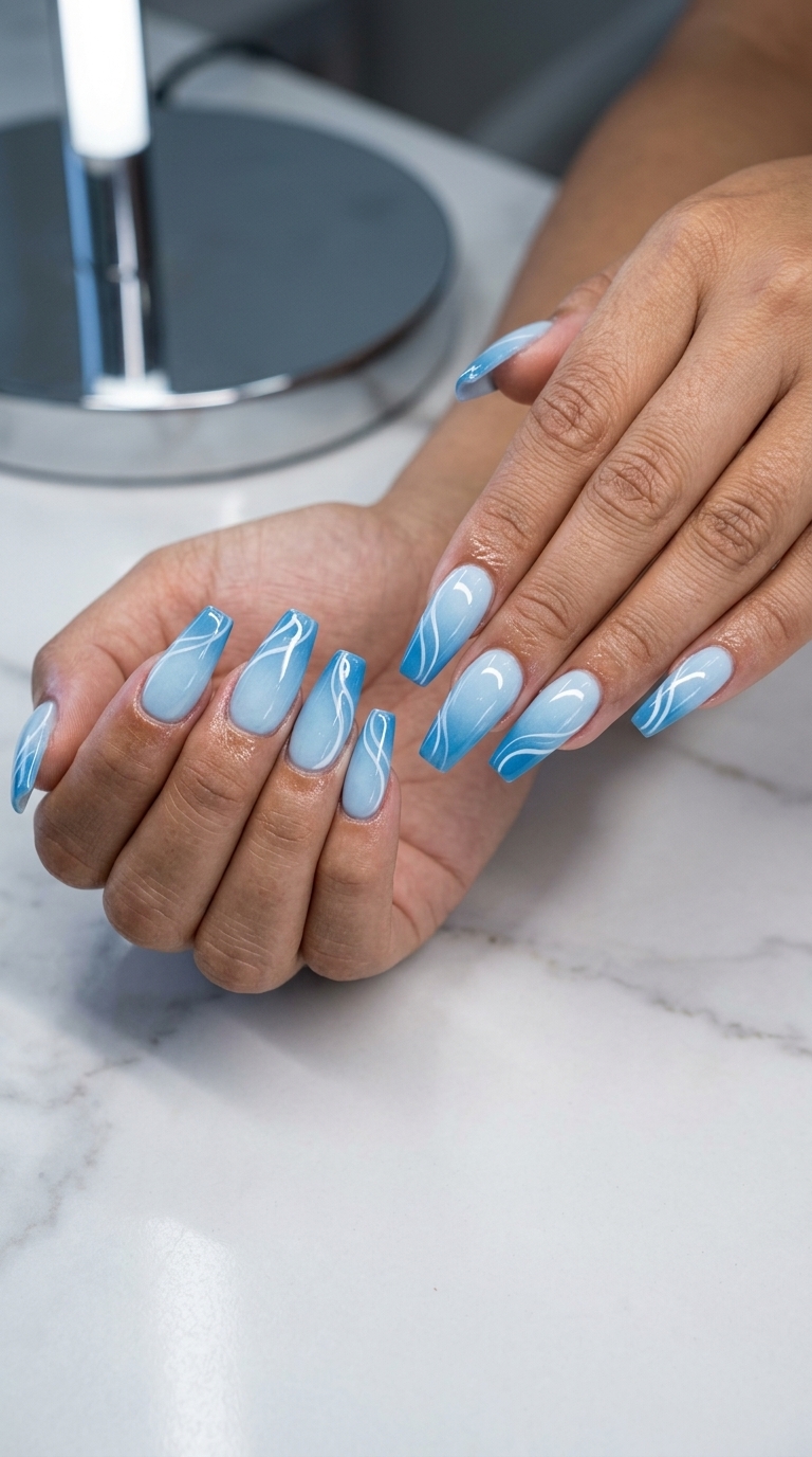 Summer Holiday Nails 2026: Arctic Swirl Gradient Arctic Swirl Gradient nails for summer holiday nails 2026: sophisticated party or date night look.