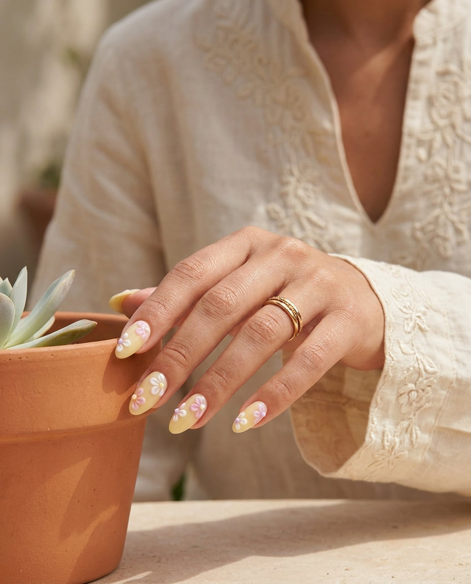 Butter Yellow Milk Bath Floral Nails 2026 | Garden Party Glam Butter Yellow Milk Bath Florals nails for summer holiday nails 2026. Romantic, sweet garden party style.