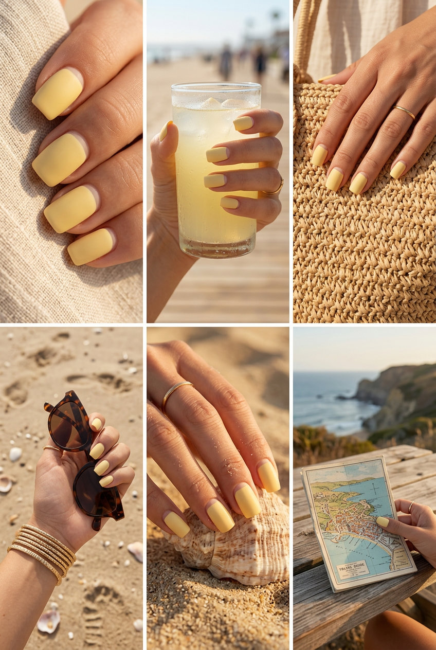 Summer Holiday Nails 2026: Butter Yellow Matte French Butter Yellow Matte French nails for summer holiday nails 2026: retro casual outing or picnic style.